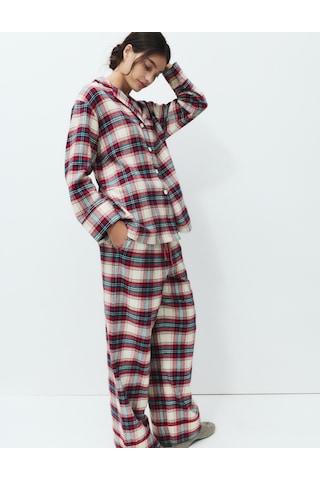 Marks & Spencer Pamuklu Kareli Pijama Takımı T37002277J Krem Mix