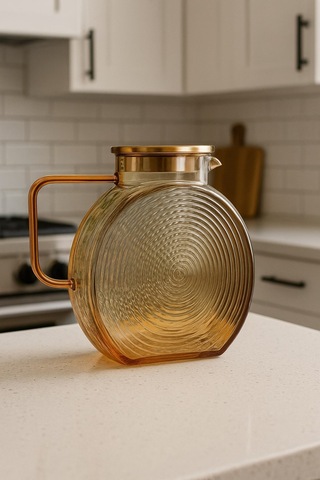 Reoona Borosilikat Cam Amber Salyangoz Desenli Sürahi 2500 Ml Buzdolabı Kapağına Uygun