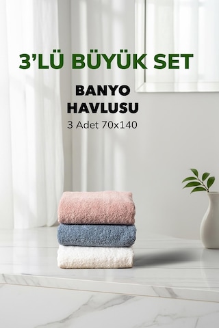 3 Lü Çizgili Havlu Takımı Pudra Beyaz Mavi Renk Yumuşak Pamuk Banyo Havlu Seti 70x140 Cm Renklı