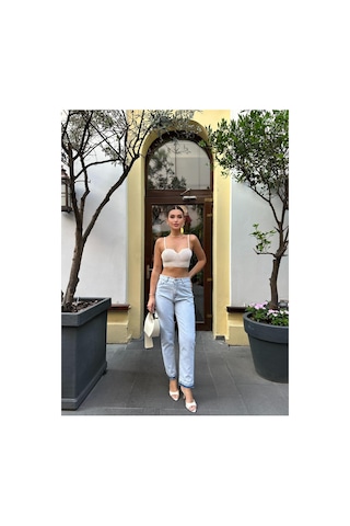 Kene Jeans Kadın Buz Kar Yüksek Bel Paça Söküm Mom Jeans Pantolon Mavi