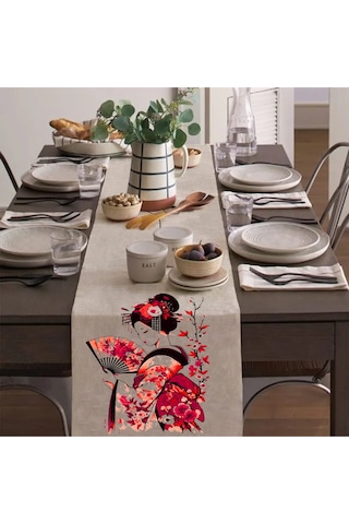 Çin Yelpazeli Kadın Runner, Runer, Masa Örtüsü, Sofranıza Zarafet Katın Runner, Masa Örtüsü Krem
