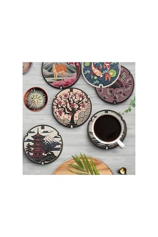 Mdf 6'lı Bardak Altlığı, Japon Sanatı Temalı 10 Cm Tasarım 124-Pembe