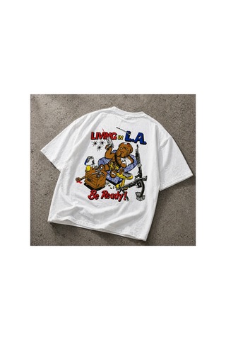 Yolo Street Unisex Oversize Beyaz Tişört Living İn L.a. Be Ready Ayıcık Grafik Baskılı Pamuk Streetwear Beyaz4