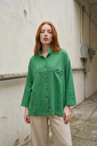 Hiccup My Fashıon Oversize Uzun Kollu Keten Karışımlı Gömlek Yeşil