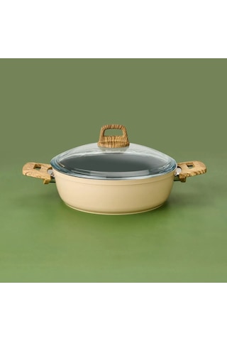Hisar Seramik Kaplama Basık Tencere - Beyaz / Kahverengi - 26 Cm