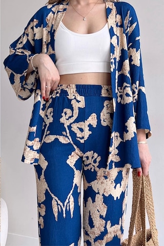 Trend Alisse Desenli Kimono Kadın Alt Üst Takım Mavi