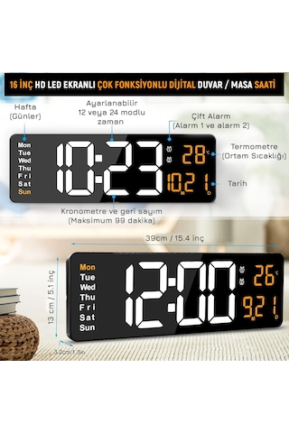 Upway Kumandalı Büyük Hd Led Ekranlı Dijital Masa Duvar Saati Elektronik Saat Sıcaklık Tarih Turuncu Siyah