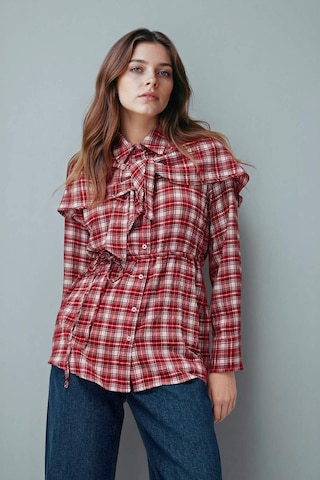 Defacto Regular Fit Kareli Gofre Dokulu Uzun Kollu Tunik G8348ax26sprd117 Kırmızı-rd117