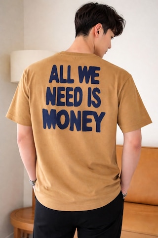 Tarz Cool Erkek Oversize Tişört Baskılı All We Need Is Money Yazılı Basic Streetwear T-shirt Kahverengi