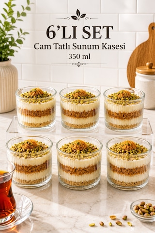 6'lı Çizgili Cam Tatlı Sunum Kasesi 350 Ml - Magnolia Cheesecake Kahvaltılık Çerezlik Servis Seti Şeffaf