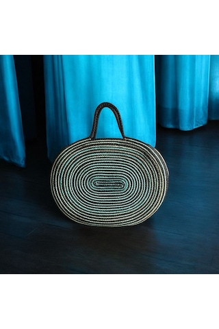 Hasır Çanta, Silindir Çanta, Tasarım Çanta, Siyah Oval El Çantası Siyah