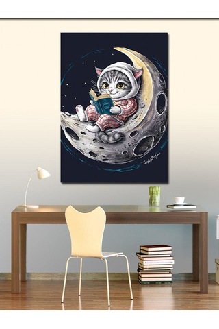 Kanvas Tablo Ay Üzerinde Kitap Okuyan Kedi 100cmx140cm