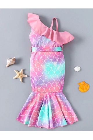 Deniz Kızı Desenli Volanlı Elbise Çok Renkli