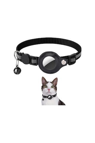 Etashop Airtag Uyumlu Reflektif Kedi Tasması Zilli Ayarlanabilir Kedi Boyun Tasması 22-32 Cm Siyah