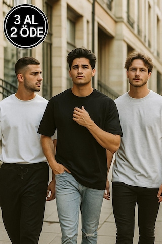 Rich Erkek 3'lü Paket Siyah-beyaz-gri Melanj Pamuklu Oversize Tişört Bisiklet Yaka Kısa Kollu T-shirt Gri