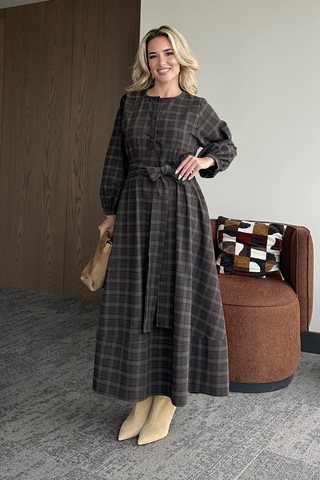 Haki Ekoseli Kuşaklı Uzun Elbise - 1235 Haki