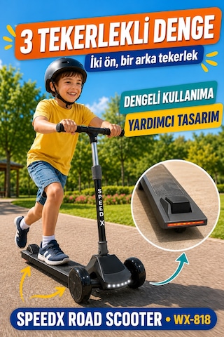 Antrasit Işıklı Müzikli Speedx Road Scooter Wx-818 3 Tekerlekli Çocuk Scooterı Geniş Dokulu Taban