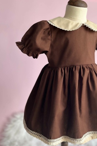 Dantel Detaylı Bebe Yaka Kahve Camel Vintage Kız Çocuk Bebek Bayram Elbise 001