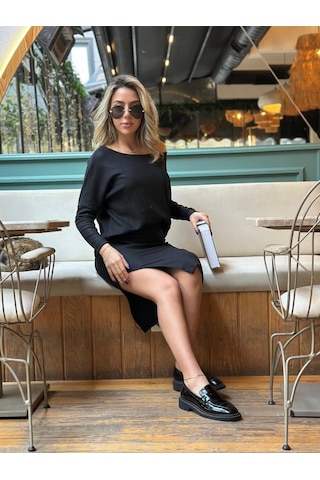 Tua Moda Kadın Uzun Kollu Düşük Omuz Yırtmaç Detay Kaşkorse Etek Bluz Ikili Takım Siyah