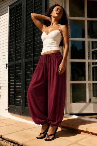 Dokuma Bordo Beli Bağcıklı Paçası Lastikli Balon Pantolon Sh390 S
