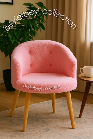Gürgen Ahşap Ayak,sırtlı Berjer Pembe Renkli Peluş Kumaş, Dekoratif Puff,çay Seti, Koltuk Pembe