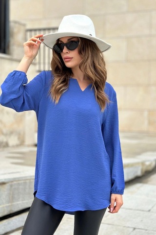 Kadın İndigo Uzun Truvakar Kol, Öpücük Yaka, Basic Kesim Bluz - Tesettüre Uygun Indigo