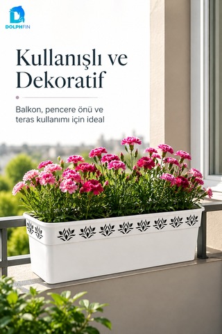 Desenli Dikdörtgen Balkon Saksısı 50 Cm 49x16x14,5 Cm Pp Plastik Çiçek Saksısı