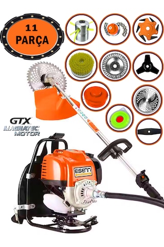 Eisenn German 11X Blitz Pro Sırt Tipi Benzinli Ot Çalı Çim Biçme Tırpanı + 11 Parça Full Set Halı Yıkamalı