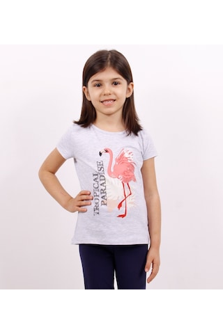Toontoy Kids Kız Çocuk Tişört Flamingo Baskılı Gri Melanj