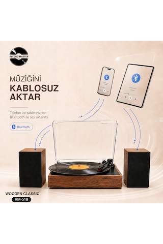 Record Master Rm-519 Pikap - Bluetooth Özellkli - 33 Ve 45 Devir Plaklar İle Uyumlu - Güçlü Ses Ahşap Kahverengi