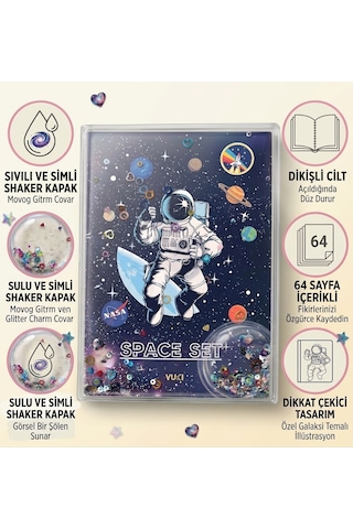 Astronot Temalı 64 Sayfa Simli Sulu Kapaklı A5 Defter Çizgili Çizgisiz Kareli Noktalı Spiralsiz Defter Karışık/çok Renkli