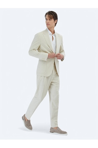 Kip Bej Çizgili Comfort Fit Keten Karışımlı Takım Elbise Bej