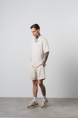 Erkek Respire Relined Yazılı Regular Fit T-shirt Şort Takım Bej