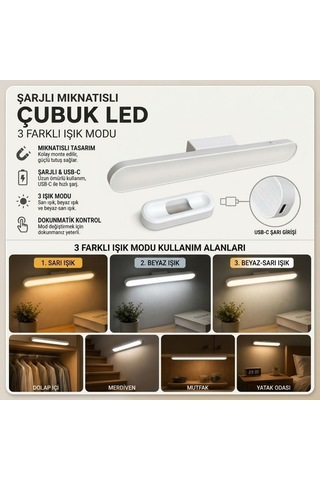 Şarjlı Manyetik Led Çubuk Lamba, Dokunmatik, 3 Modlu, Kablosuz Mutfak Dolap Altı Ve Dekoratif Aydınlatma Beyaz