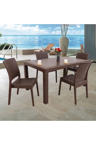 Depootoptan Mandella Elit Rattan 90 x 150 CM 4 Kişilik Elit Sandalye Masa Takımı K Kahverengi