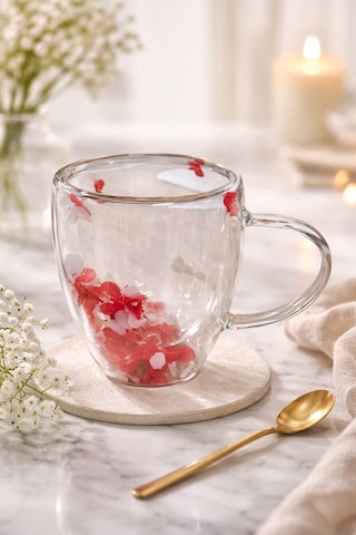 Makri Home Kırmızı Beyaz Çiçekli Çift Cidarlı Cam Kupa, 350 Ml, 11 Cm X 8 Cm Çok Renkli
