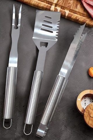 3 Parça Set Mangal Aksesuar Seti Paslanmaz Çelik Barbekü Set Maşa