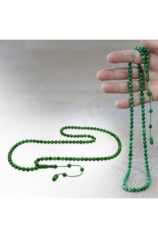 Tesbihname Ateş Kehribar Namaz Tesbihi - Sistemli - Zümrüt Yeşili Renk - Özel Kesim Yeşil