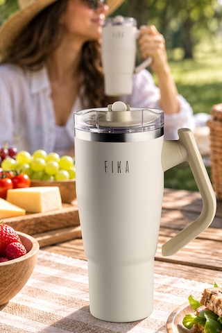Neoflam Fika Lumi Patentli Döner Kulplu Sızdırmaz Çift Ağızlıklı Çelik Termos 950 Ml Bej