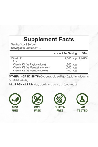Deal Supplement Vitamin K 1 - K2 Complete Mk-7 And Mk-4 Bone Joint Immune Support 240 Coconut Oil Softgels