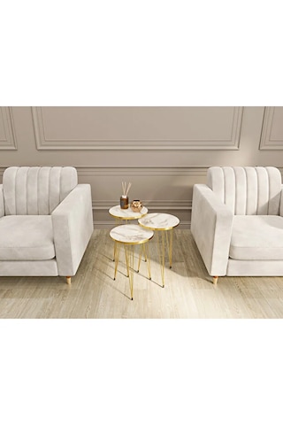 Zigon Sehpa 3'lü Yuvarlak Gold Tel Ayaklı Beyaz Mermer