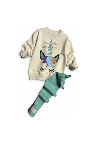 Koçak Kids Unicorn Desenli Kız Çocuk Yeşil Renk Taytlı Takım Yeşil