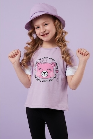 Lela Pamuklu Baskılı Bisiklet Yaka Kız Çocuk T Shirt 6211038 Lila