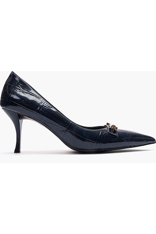 Luvishoes Poesy Lacivert Baskı Tokalı Kadın Topuklu Ayakkabı