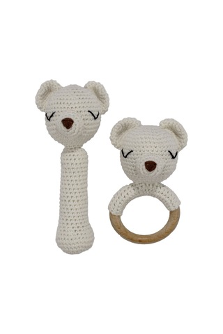 Amigurumi Sevimli Ekru Ayı Diş Kaşıyıcı Çıngıraklı Organik Oyuncak 2'li Set Çok Renkli