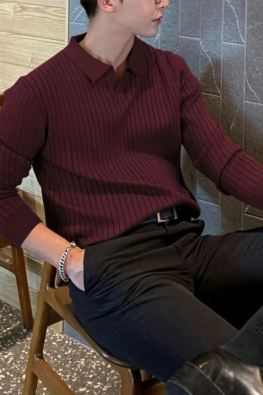 Erkek Polo Yaka Fitilli Oversize Triko Kazak Bordo