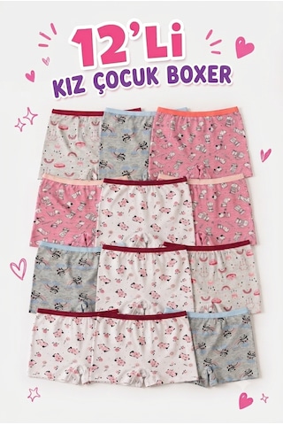 Orivra Kız Çocuk 12'li Şort Boxer Seti Pamuklu Esnek Desenli İç Çamaşırı Paketi Renkli