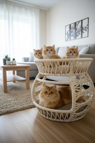 Reyo Pet Lüxperi Bombeli Kedi Ranzası 2 Katlı Kedi Yatağı Krem