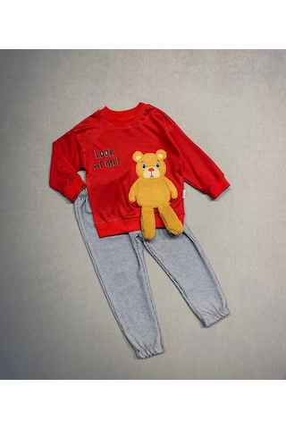 2-3-4 Yaş Ayıcık Sallanan Ayak Desenli Likra Penye Kumaş Sweat Pantolonlu Kız Erkek 2li Çocuk Takımı Kırmızı