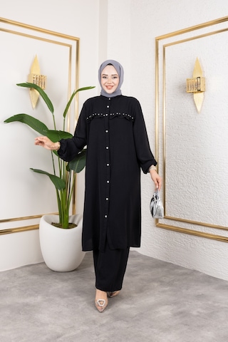 Ayrobin Kumaş İnci Detaylı Takım / T112 - Siyah Siyah